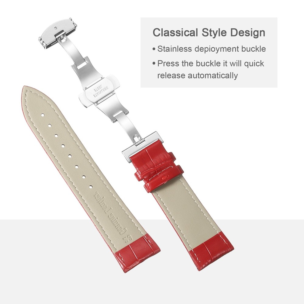 Leather Band Deployment Buckle Watch Strap 23mm Leather Strap, Red/Silver