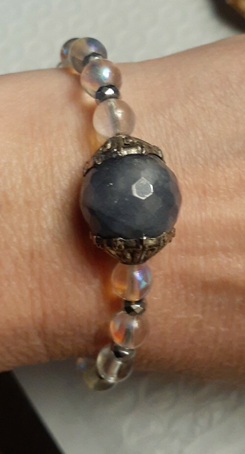 Artisan blue agate rock crystal hematite toggle bracelet size Average