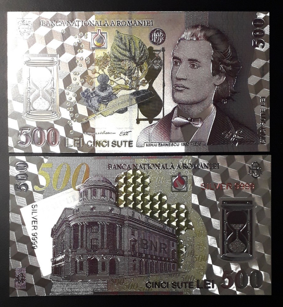 ROMANIA 500 LEI 2005 SILVER PLATED POLYMER BANKNOTE