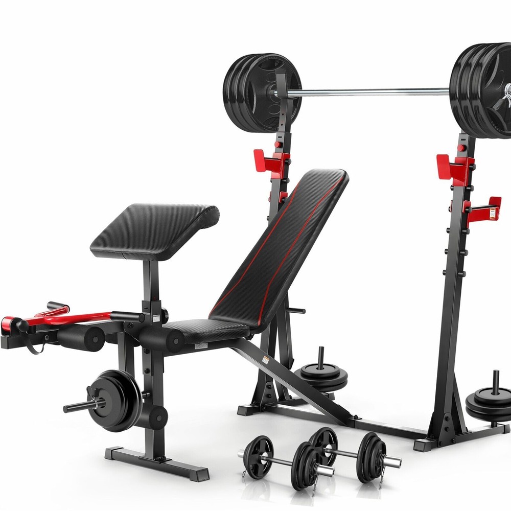 900LBS Multi-Purpose Adjustable Weight Bench Workout Bench Set with Barbel Rack