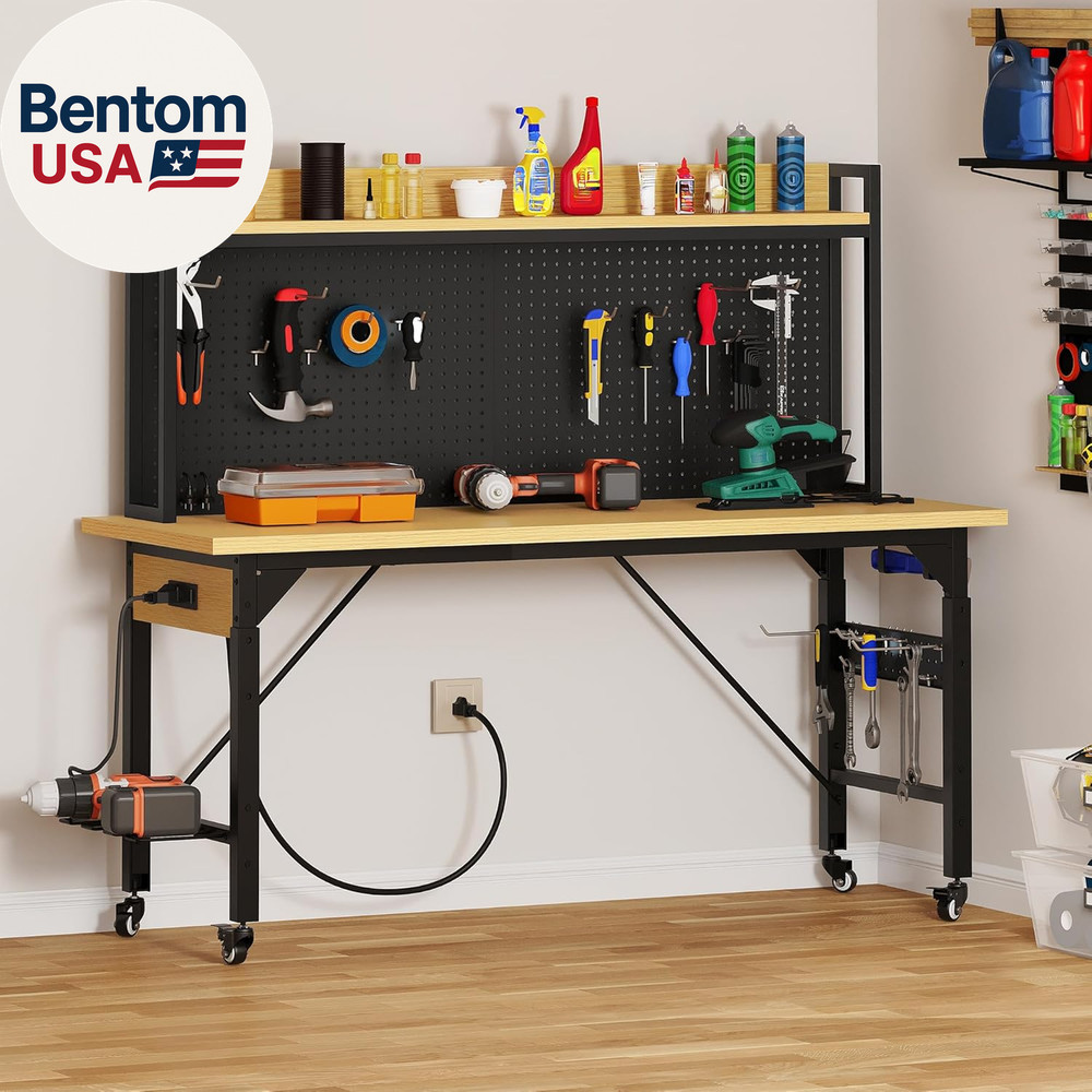 60" Adjustable Workbench with Pegboard, Wheels & 1600 LB Capacity, Rolling Work