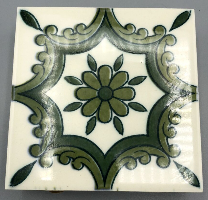 Ceramic Tile Quad Matchbox Holder & Coaster Art Hand Pattern Original Vintage