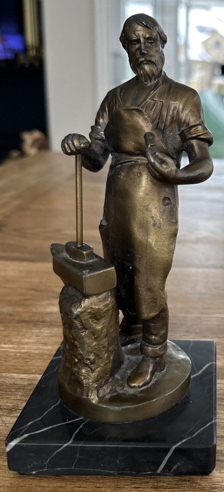 Antique Cast Zinc Blacksmith On Marble Plinth