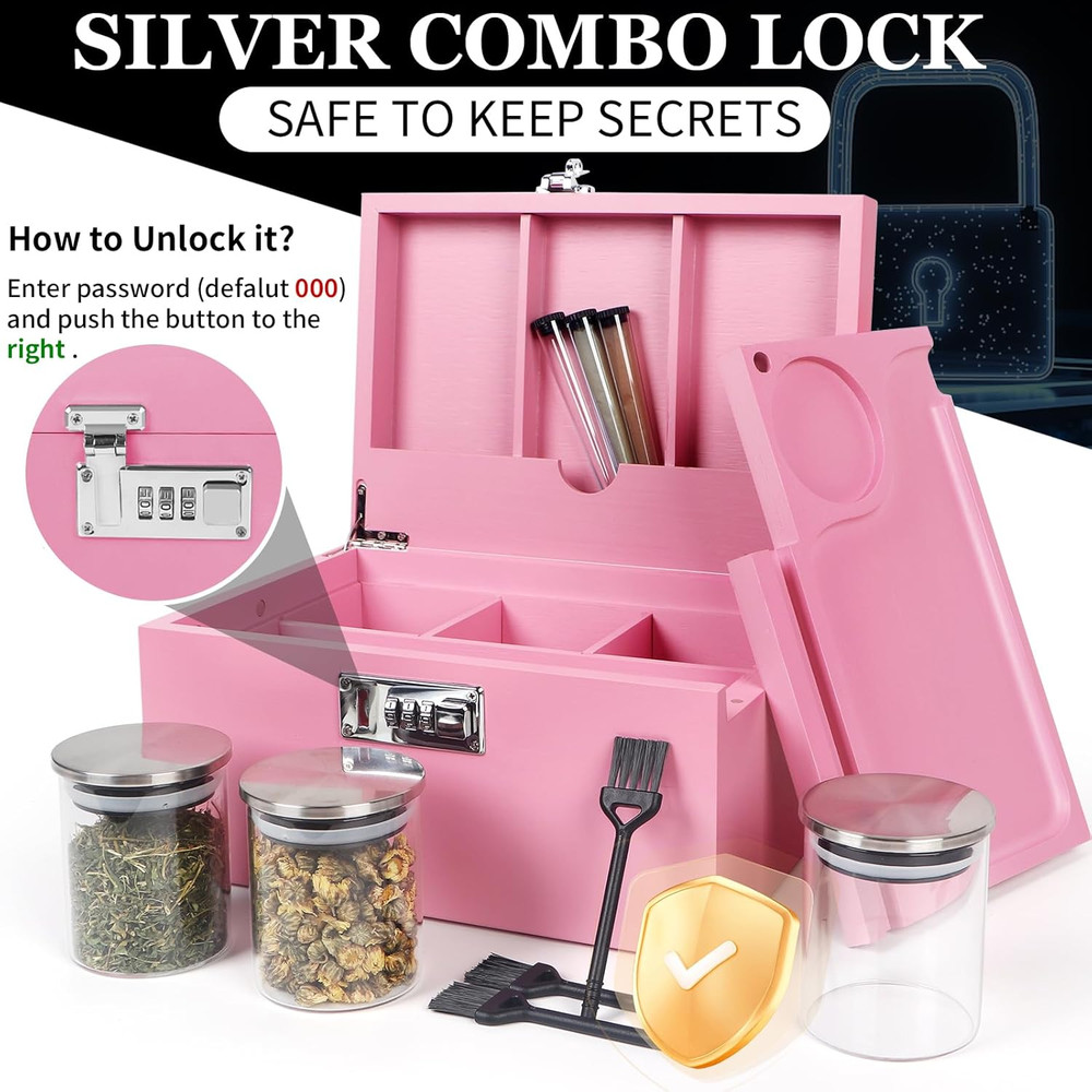 Large Pink Bamboo Box with Combination Lock, Decorative Storage Box with Detacha