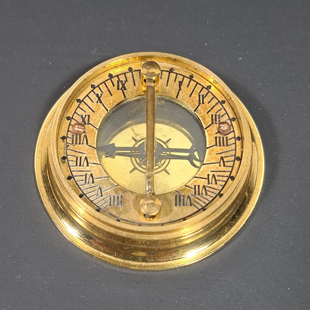 Vintage Solid Brass Compass with Folding Sundial - Maritime Navigation