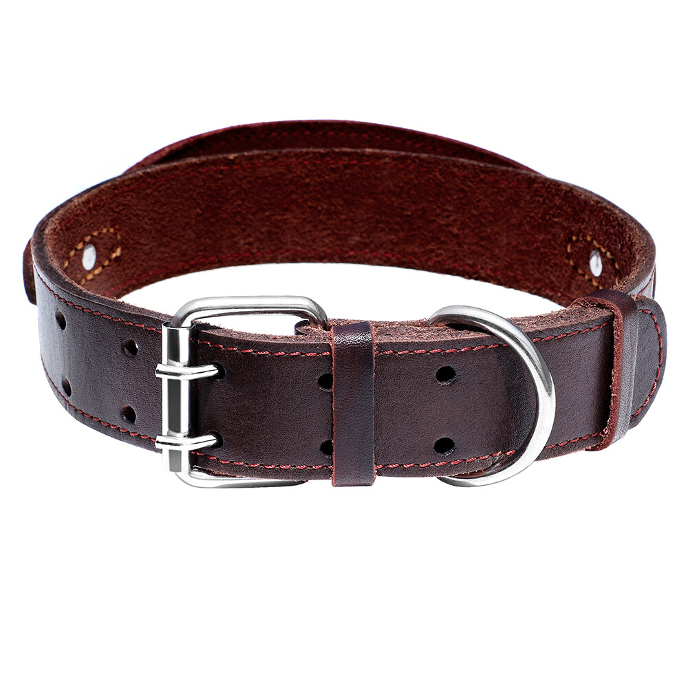 Grain Leather Dog Collar Heavy Duty with Control Handle for Doberman Pitbull
