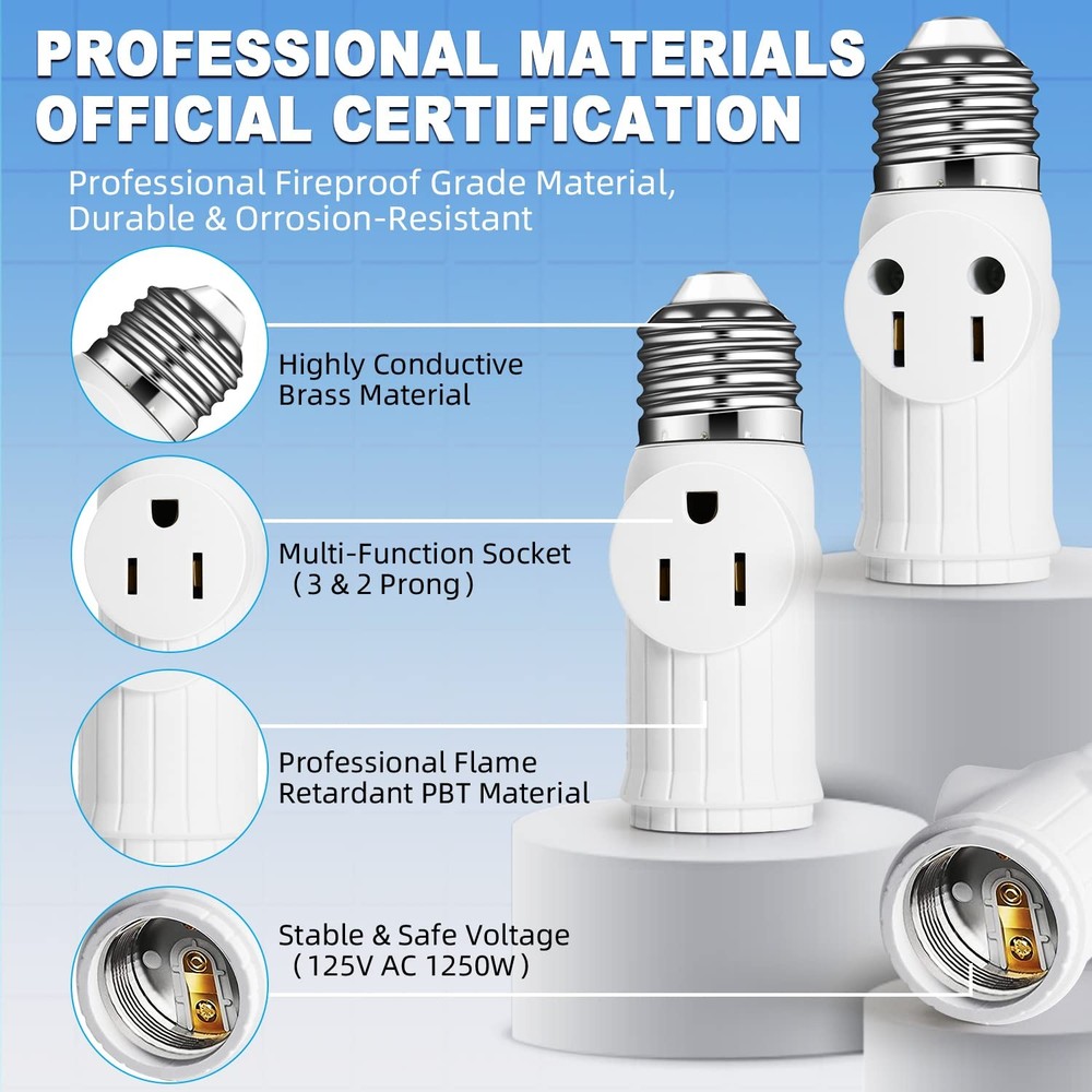 Light Socket to Plug Adapter 2 Pack, 23 Prong Light Bulb Outlet Socket Adapte...
