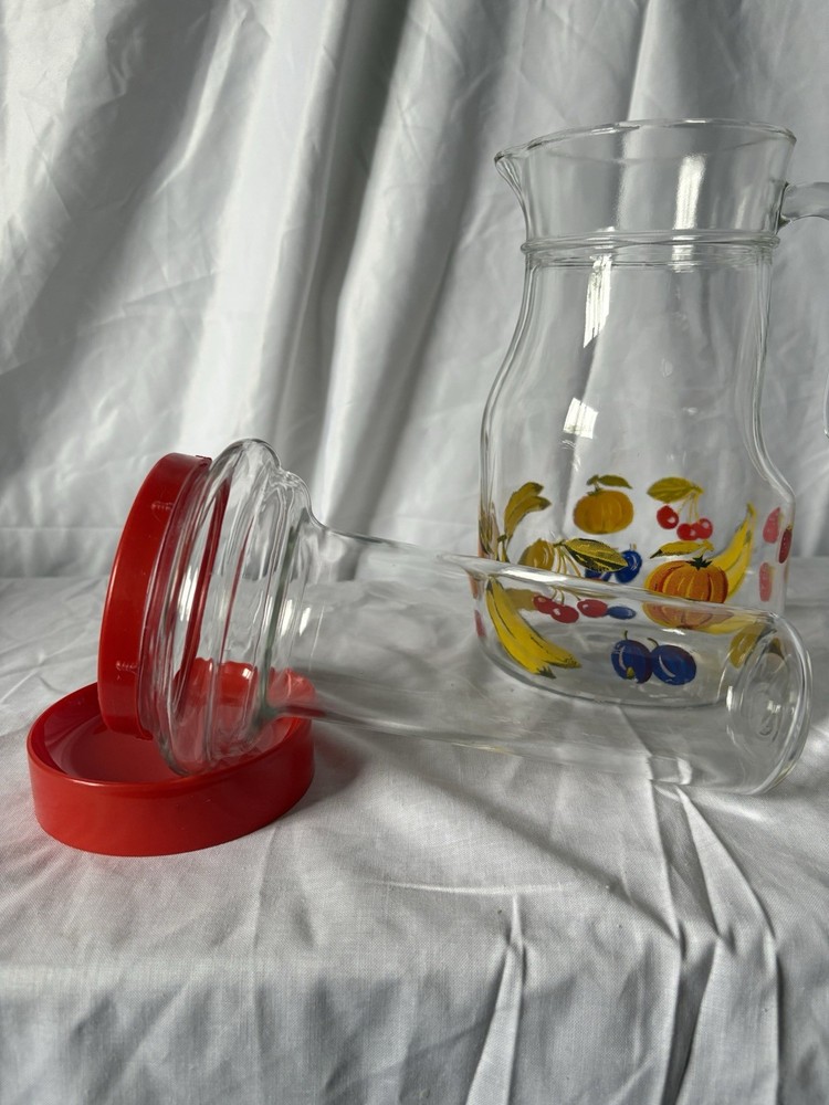 Large Vintage Glass Pitcher with Removable Ice Column | Fruit Pattern