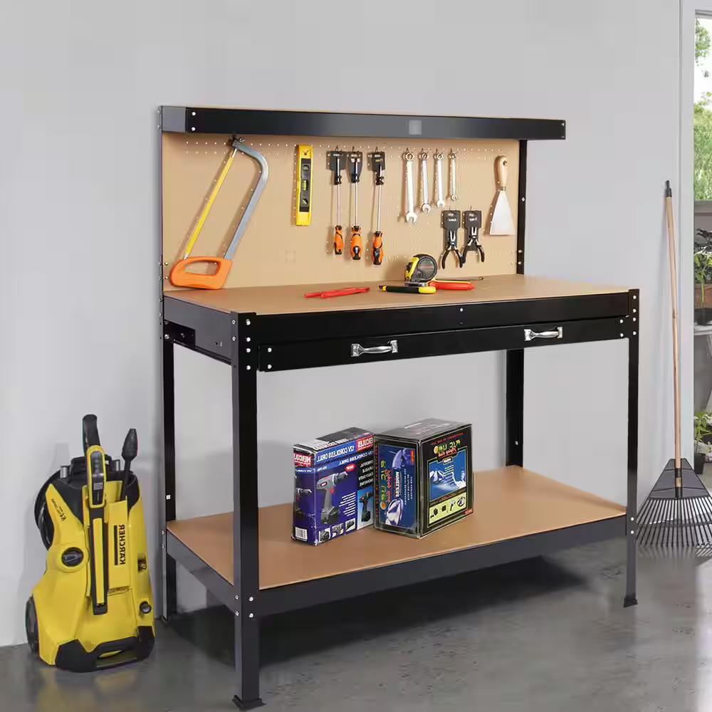 48 In. W X 24 In. D Solid Wood Workbench with Pegboard Storage
