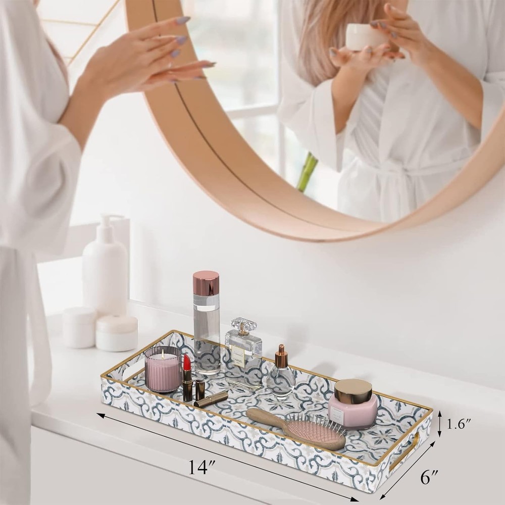 White Decorative Tray Plastic Serving Tray with Handles Rectangular Moroccan ...