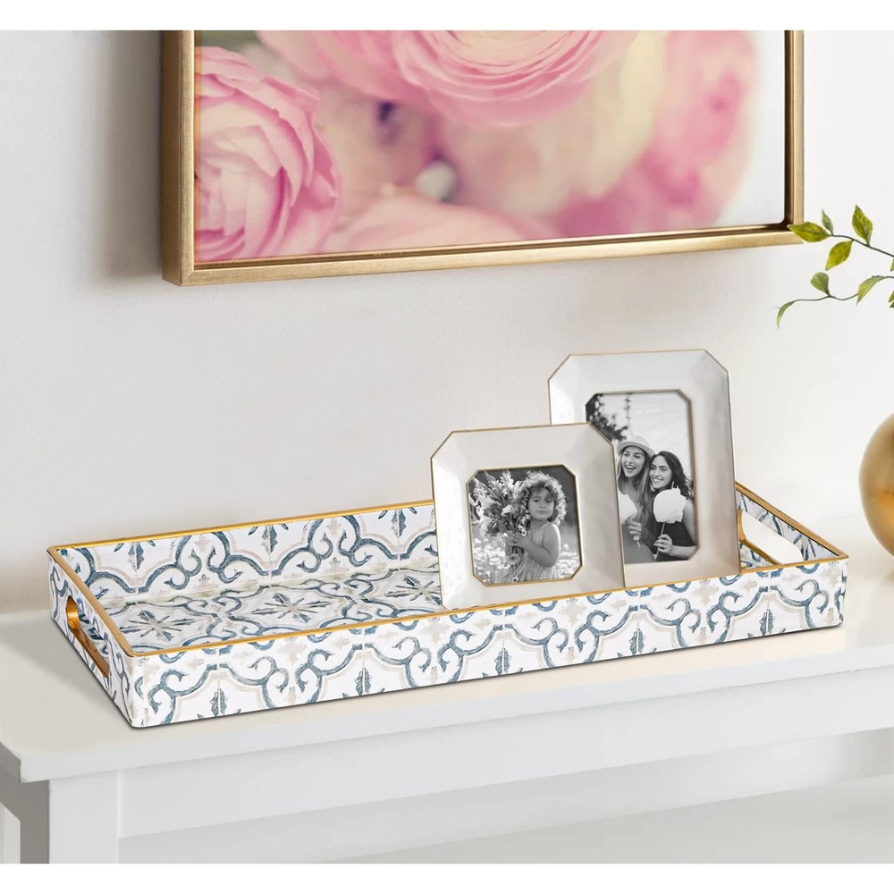 White Decorative Tray Plastic Serving Tray with Handles Rectangular Moroccan ...