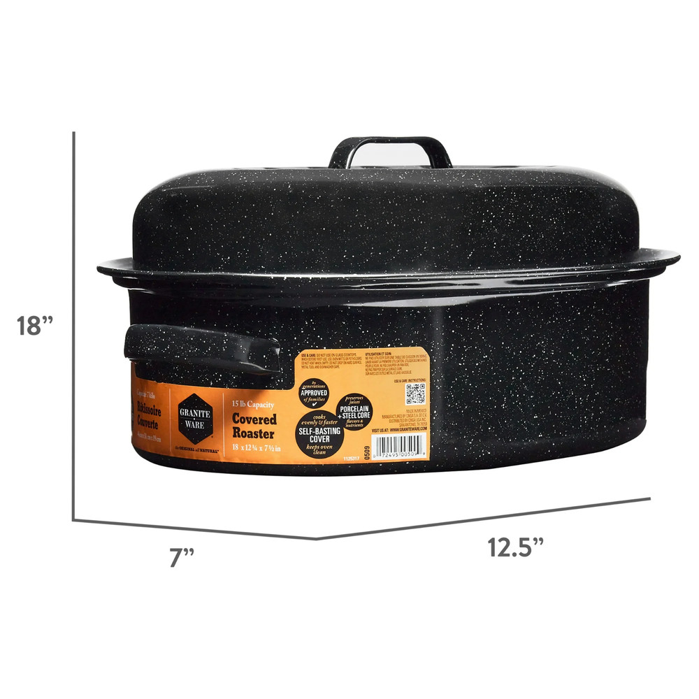 Granite Ware 18" Covered Oval Roaster, 15 Pound Capacity, Roasting Pan