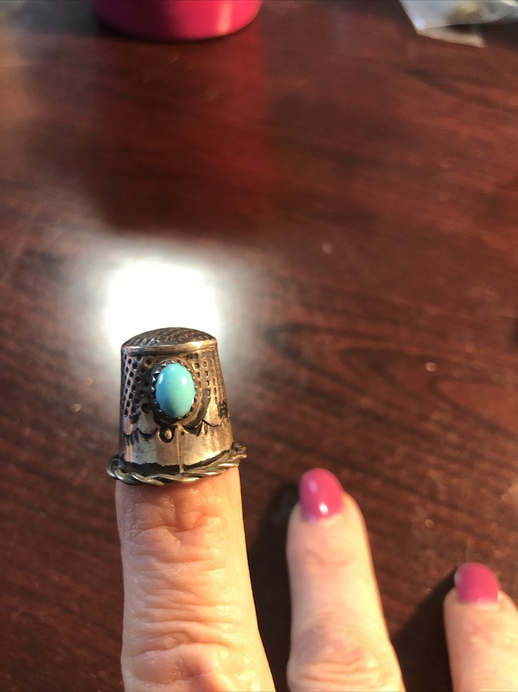 sterling silver thimble with tuquose stone Vintage