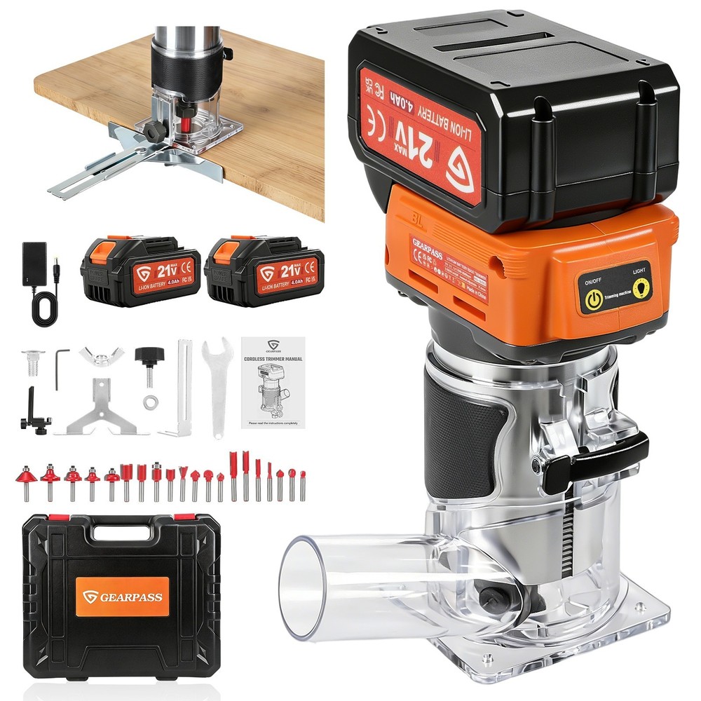 21V Cordless Multi-function Router With 20 Bits 2 Batteries Charger And Wrenches