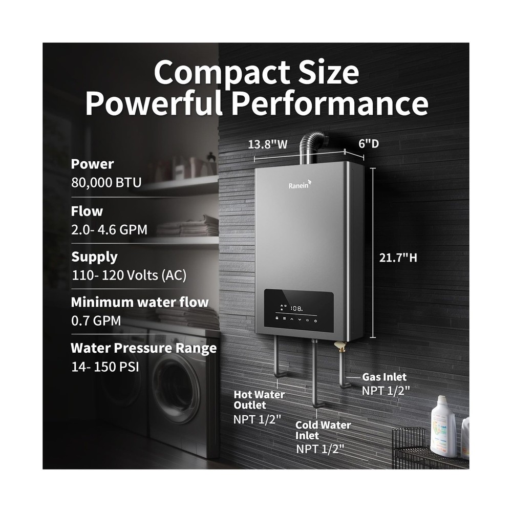 GEN II Ranein Propane Gas Tankless Water Heater Max 3.6 GPM, 80,000 BTU Indoo...