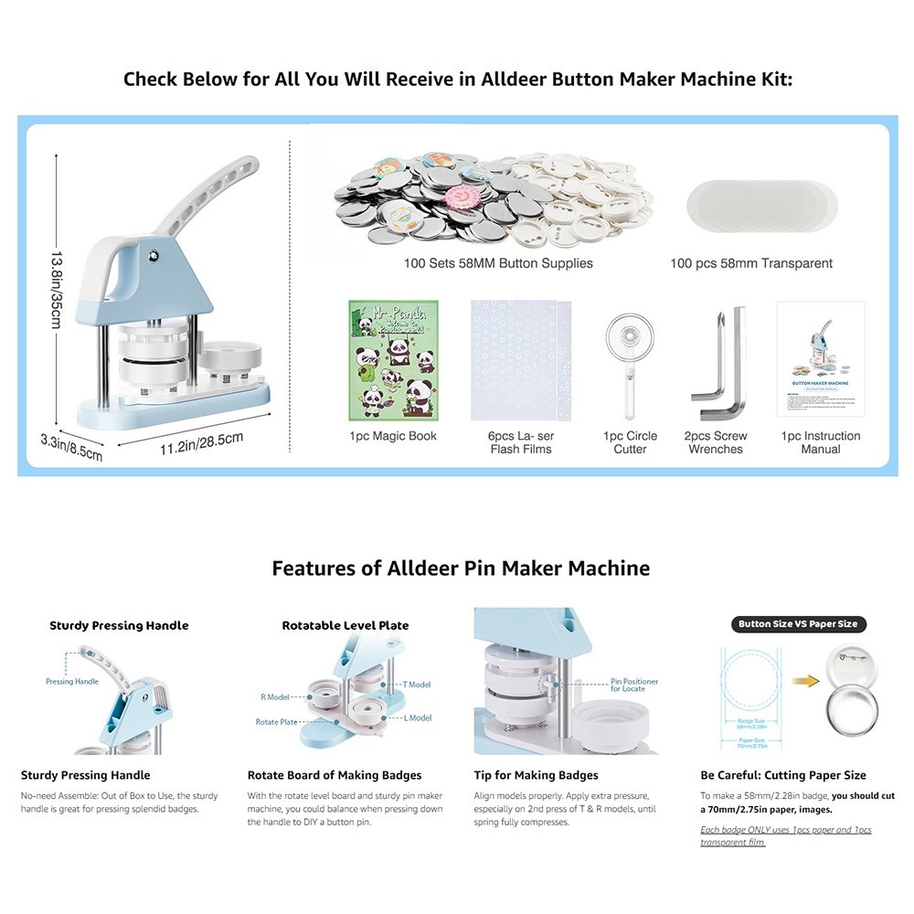 58mm/2.25" Button Maker Kit Button Maker Pin Badge Press Magnet Machine Cutter