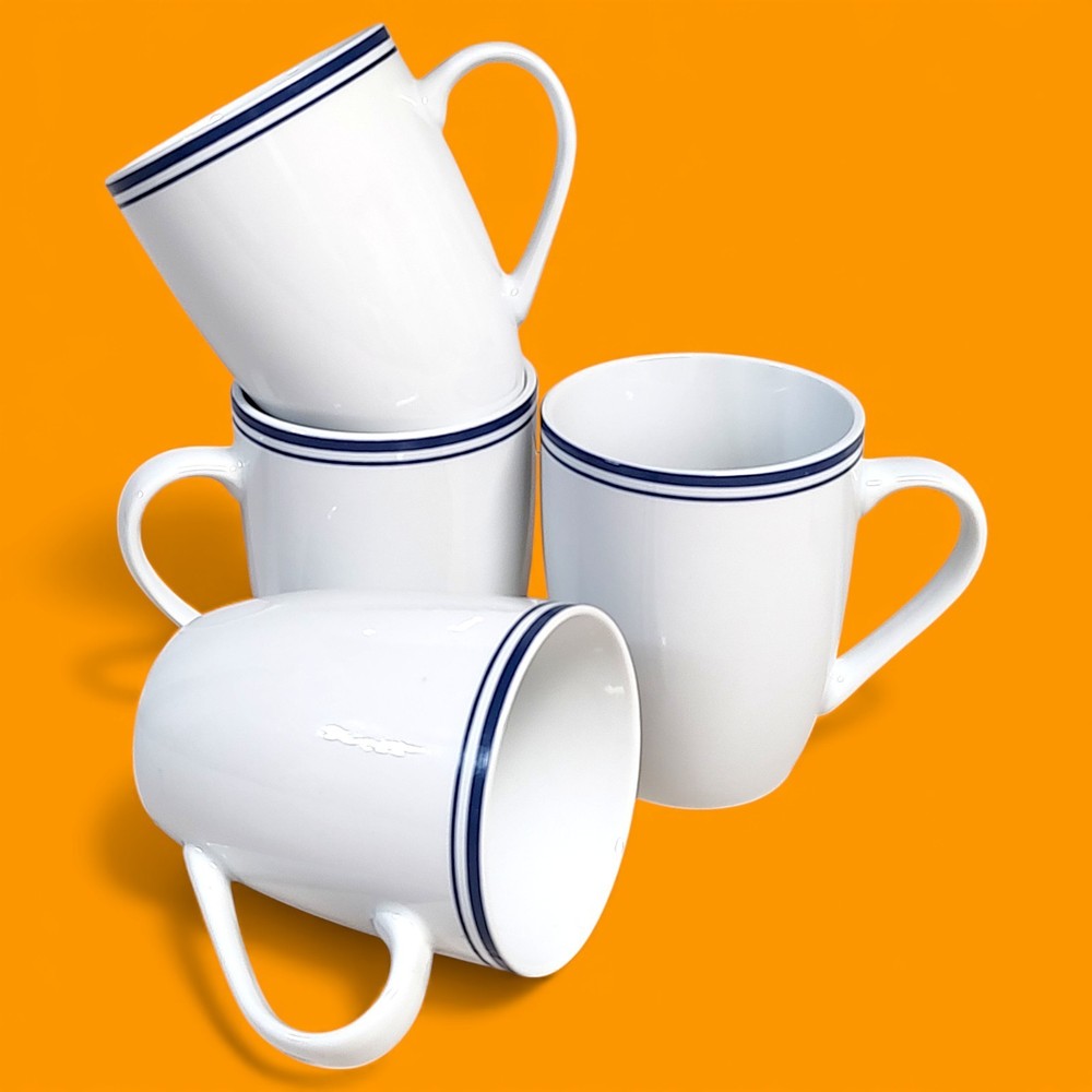 4pc Set Amazon Basics Cafe Stripe Blue / White Coffee Cups/ Mugs 4"