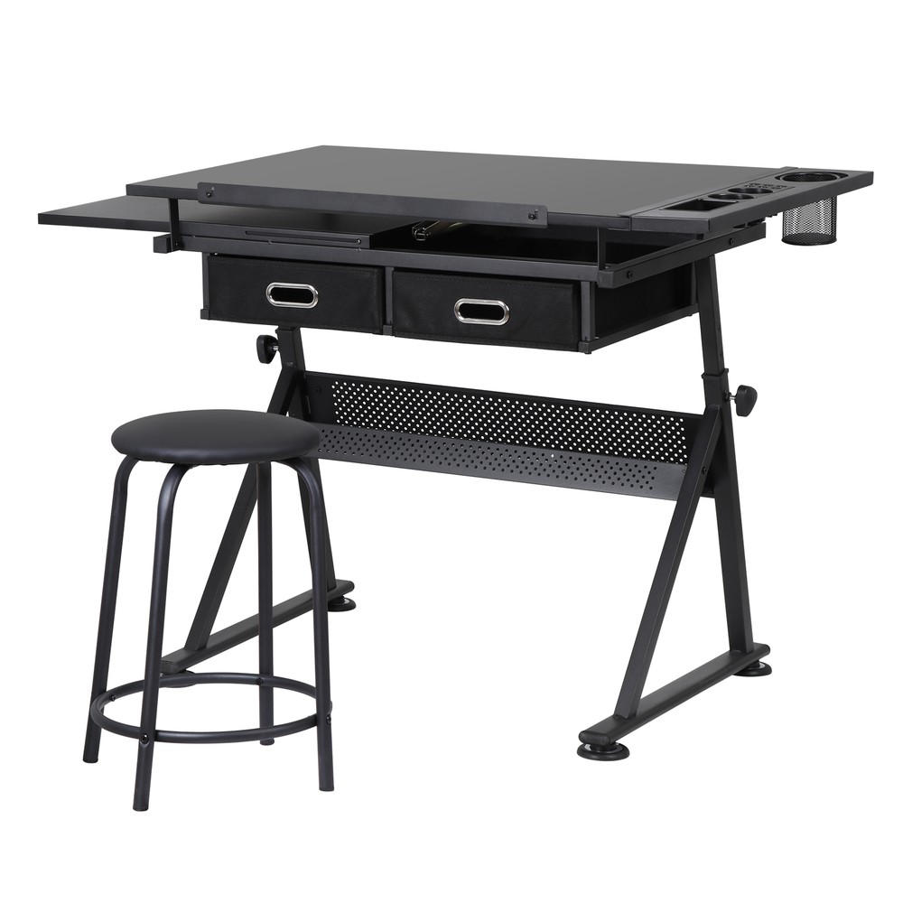 Drafting Table Art Desk Drawing Table Height Adjustable w/2 Drawers &Stool Black