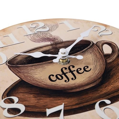 Kitchen Wall Clock Coffee Cup Theme Rustic Modern Glass Clock for 12" Brown