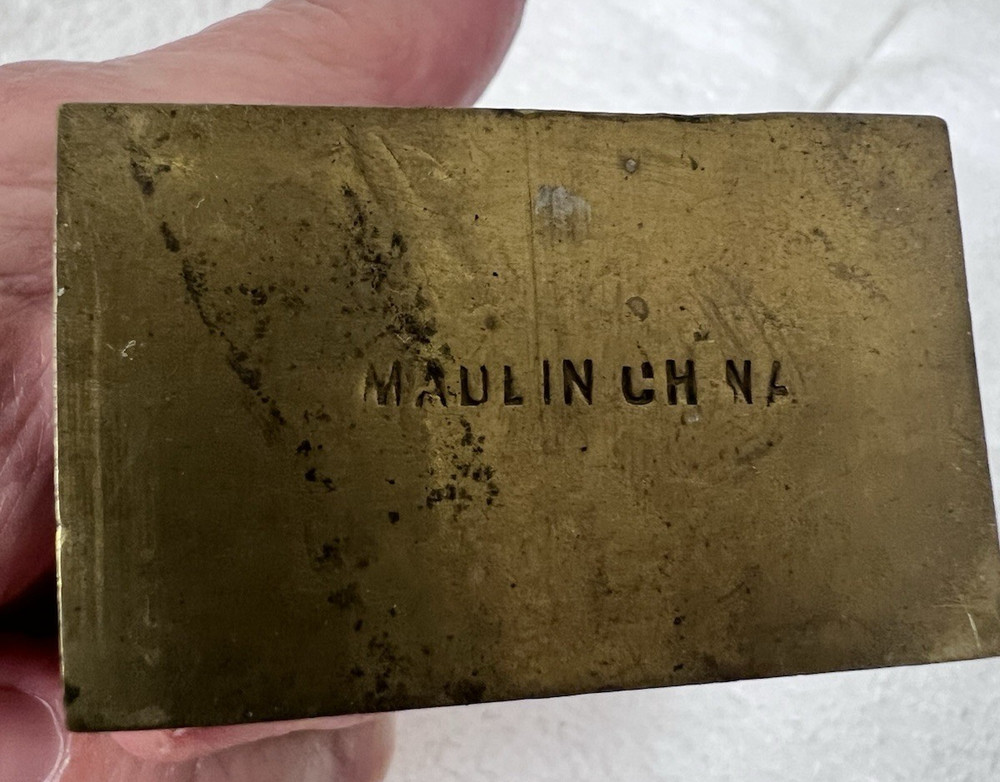 Solid Brass Match Box Holder Stand w Side Stricker Man & Fruit Design