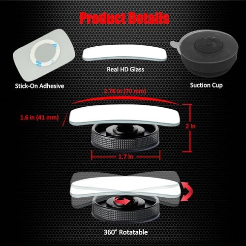 Suction Cup Blind Spot Mirror, HD Glass Frameless Removable Convex Rectangular