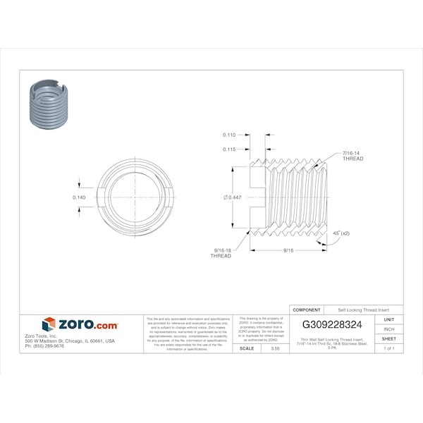 Thin Wall Self Locking Thread Insert, 7/16"-14 Int Thrd Sz, 18-8 Stainless
