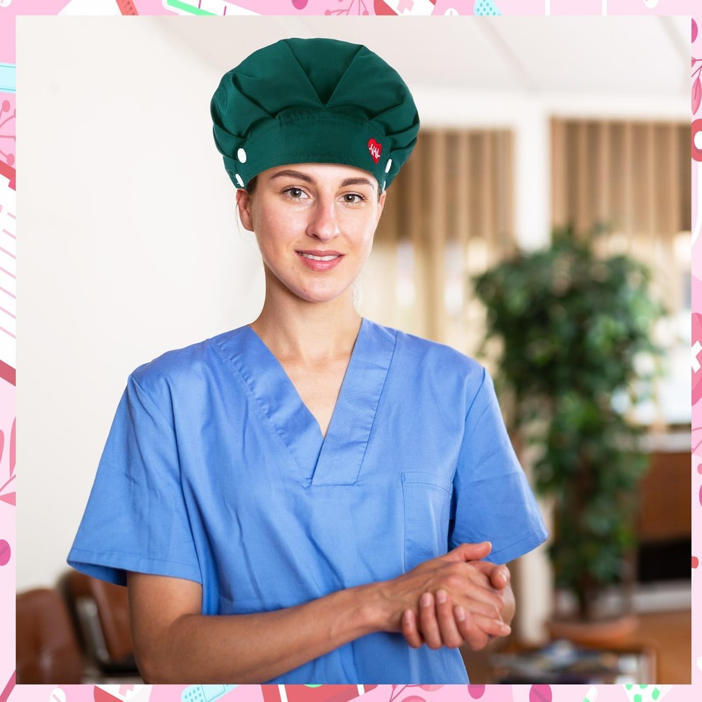 12 Pcs Bouffant Nurse Caps, Button, Sweatband, Adjustable Elastic Tie Back Hat