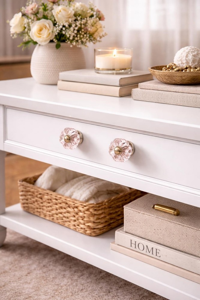 Pink Crystal Glass Cabinet Knobs – Decorative Drawer Pulls with Silver Met