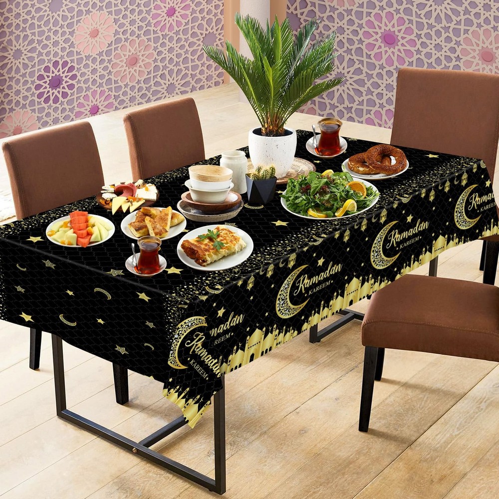 2 Pcs Ramadan Tablecloth - Plastic Black Gold Kareem Table