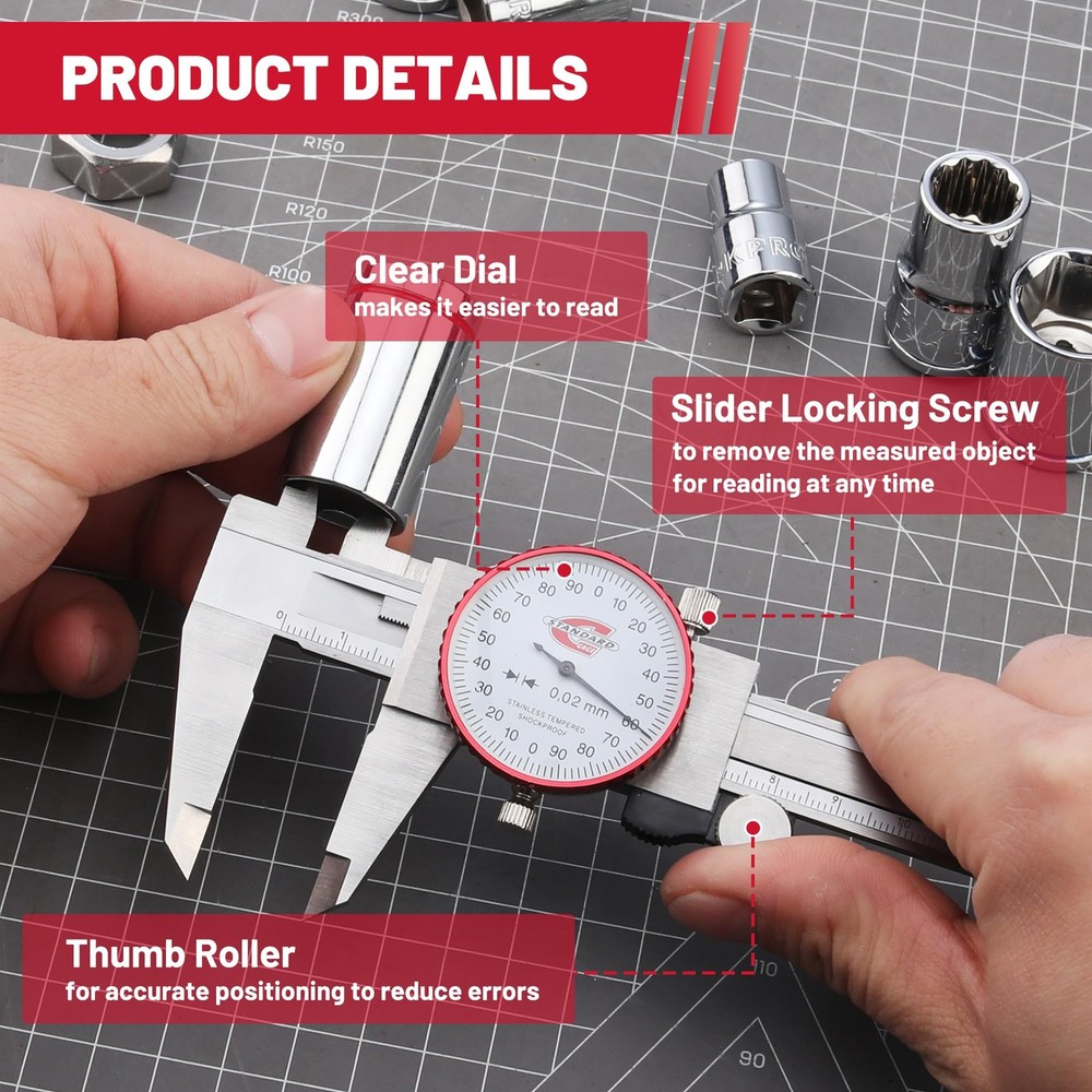 Metric Dial Caliper Measuring Tool 0-150mm Range, Analog Precision Caliper ±0...