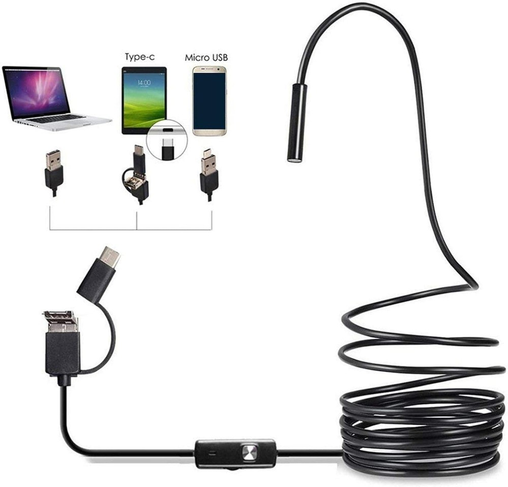 3-in-1 Waterproof Endoscope Camera with 6 LED for Android & PC - 1M Flexibility