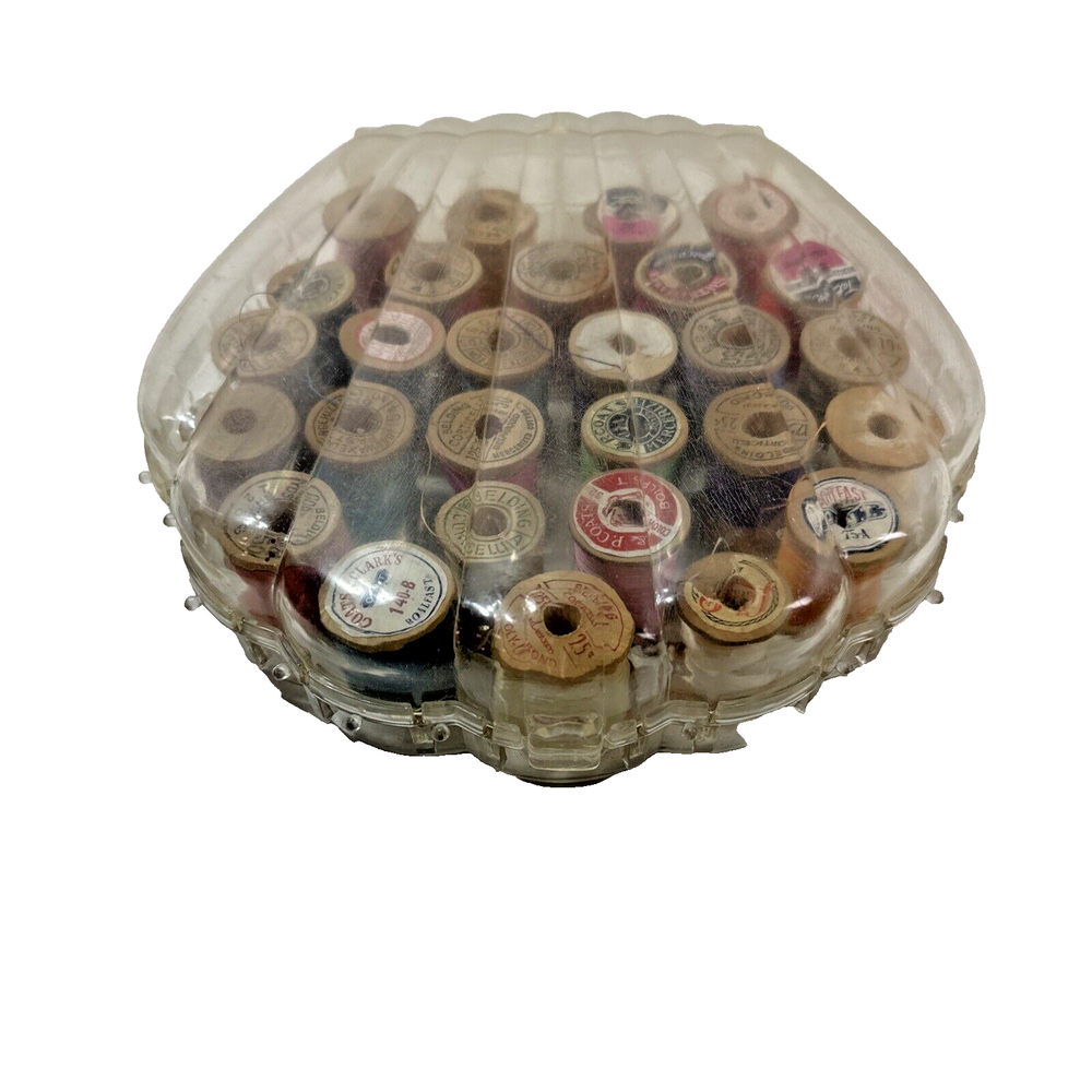 Vtg Plastic Clear Acrylic Thread Spool Holder Seashell Clam Shell Shape w Thread