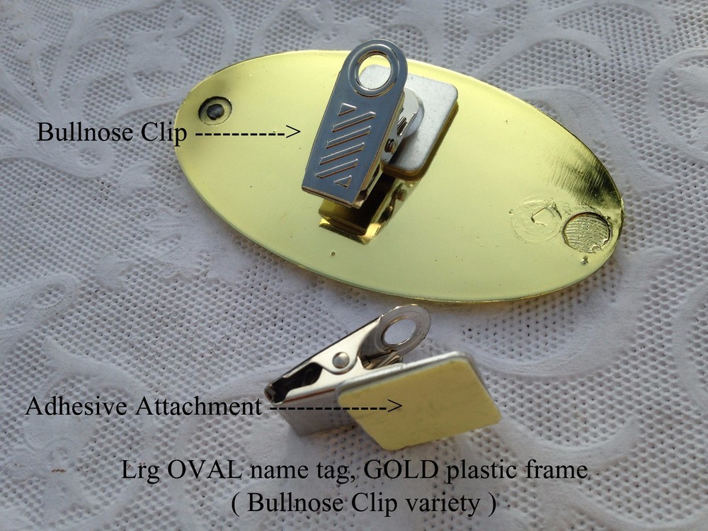 Personalized / Custom Engraved LRG OVAL Name Tag SILVER w/ GOLD Frame