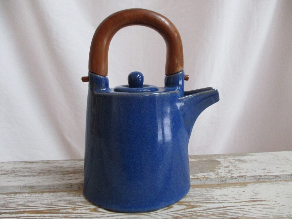 Ceramic Stoneware Teak Wood Handle Teapot Blue Speckled