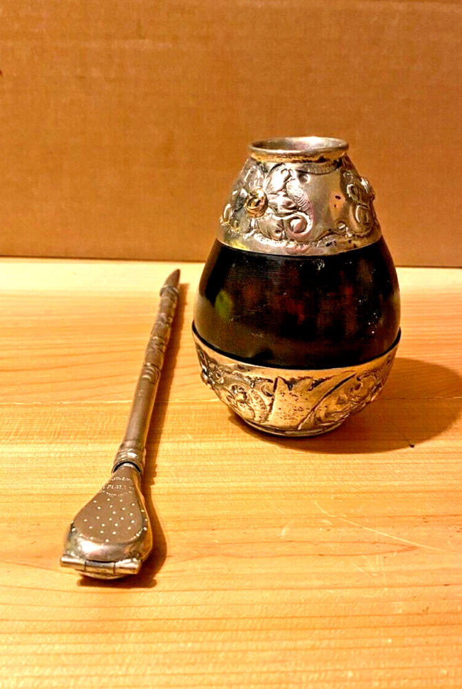 Antique 800 Silver Yerba Mate & Bombilla drinking straw