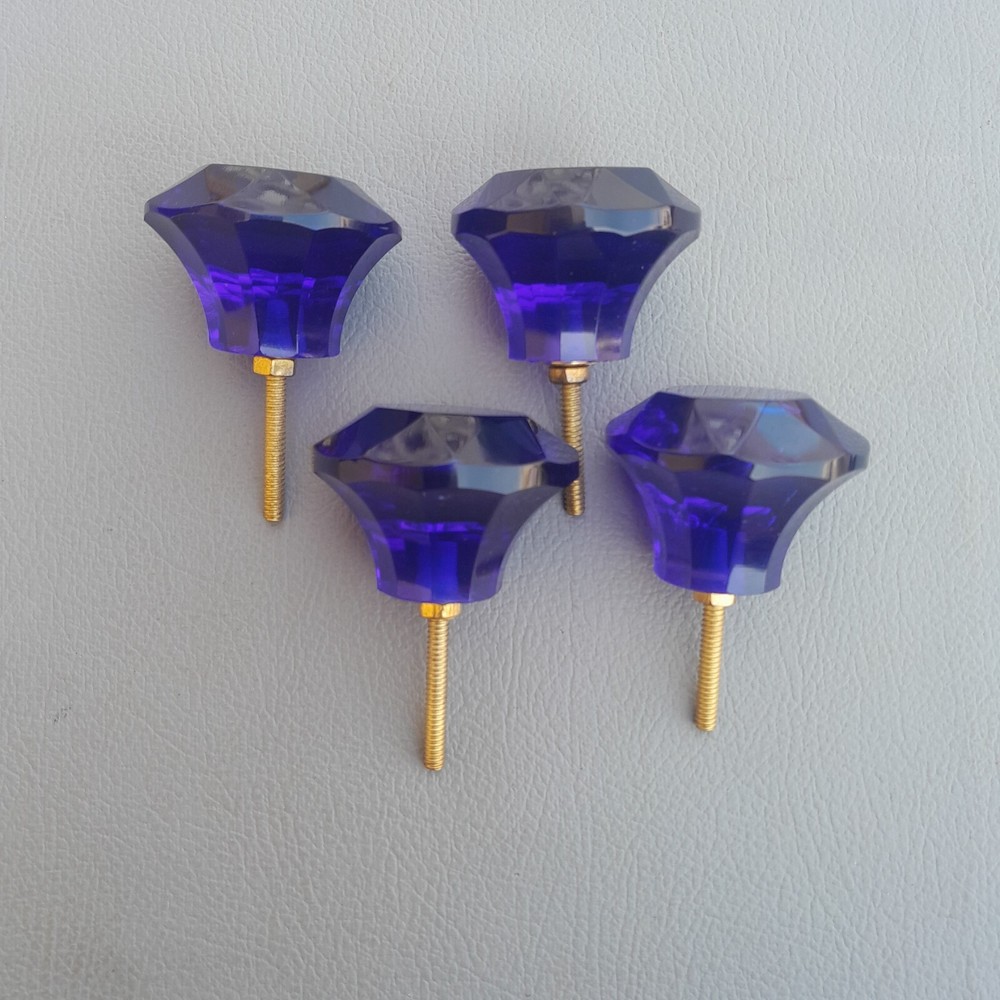 vtg blue victorian diamond cut glass drawer knob handle pull 4PC
