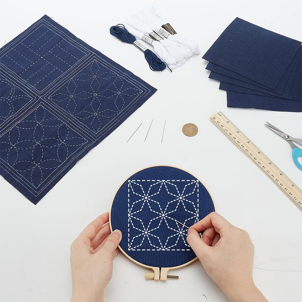 4 Set Sashiko Coasters DIY Kit with Instructions Pre- Printed Sashiko Kit for...