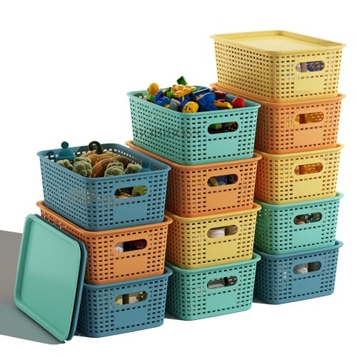 Colorful Plastic Storage Baskets with Lids Stackable Storage 12 Pack Colored