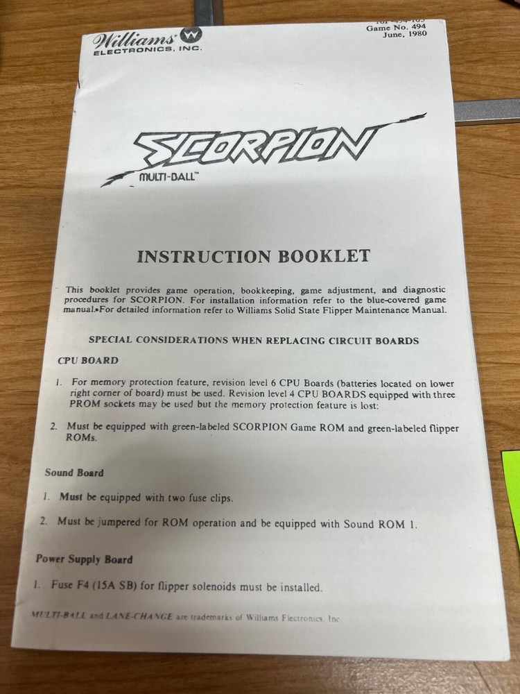 Williams: Scorpion-  Instructions Booklet
