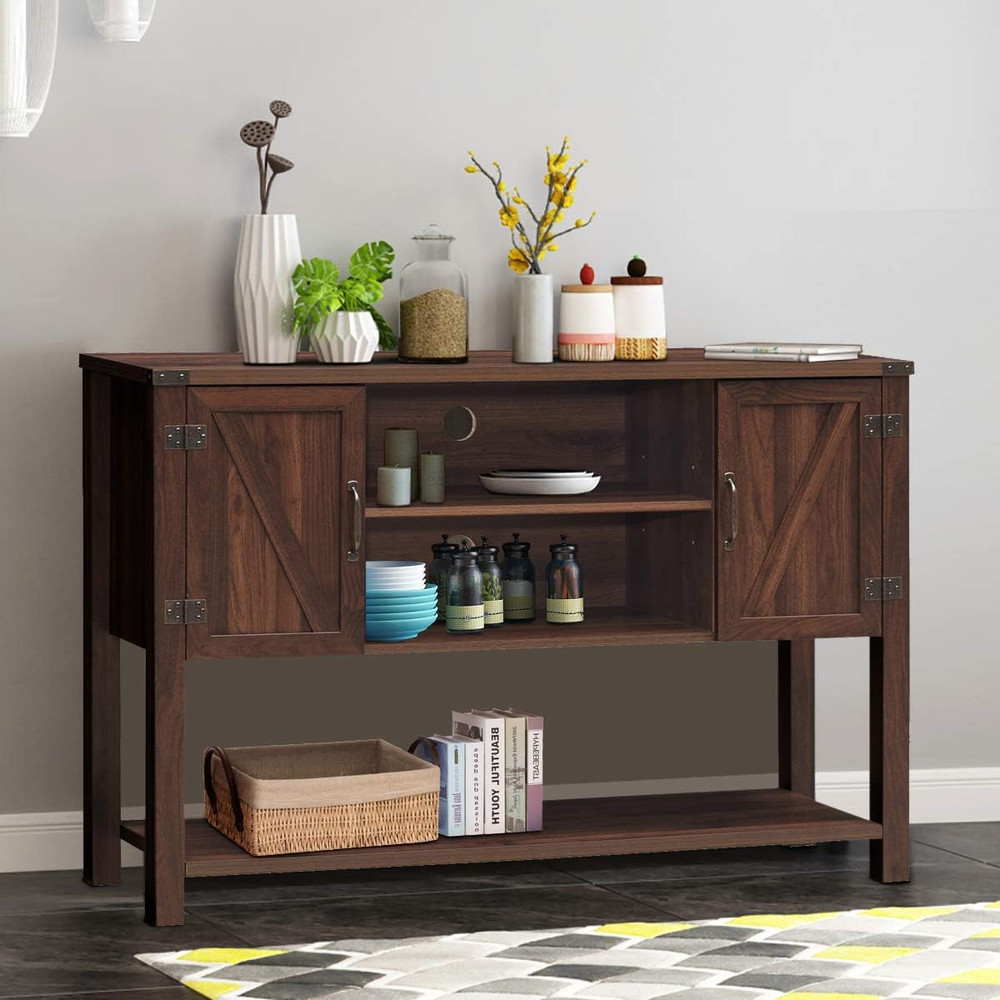 Modern Brown Console Table Buffet with Storage Cabinets and Bottom Shelf