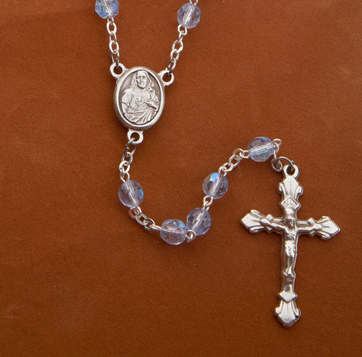 Women's Miraculous Medal Catholic Rosary Beads Blue Glass Beads Divine Mercy