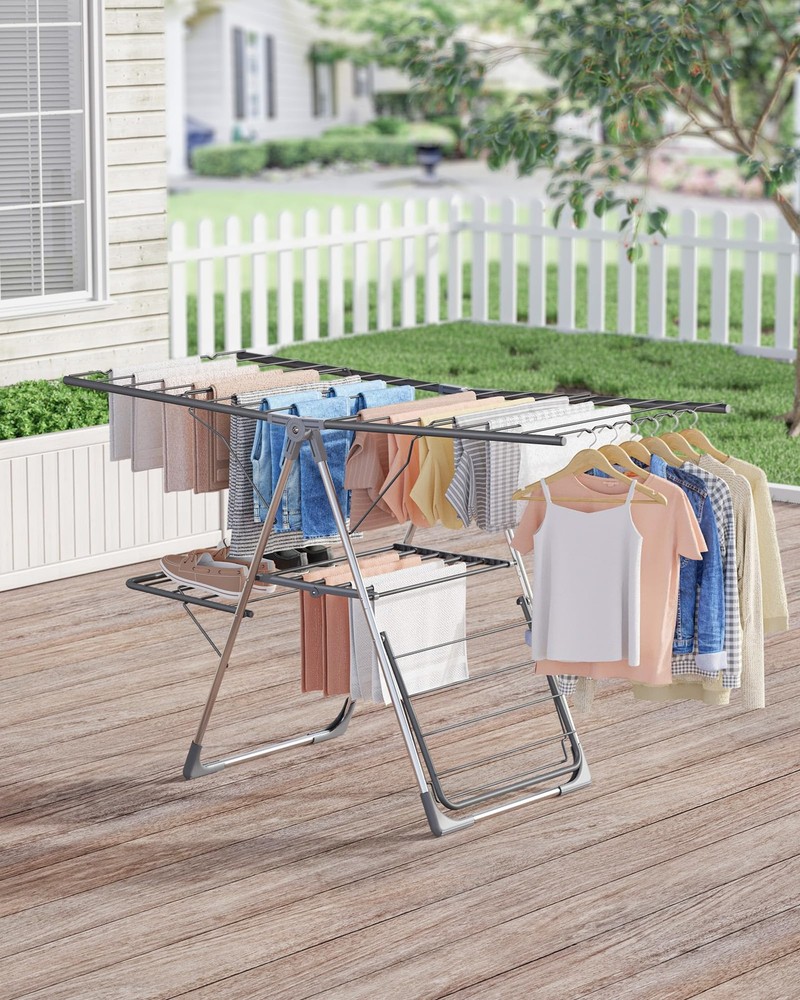 Clothes Drying Rack, Foldable 2-Level Laundry Drying Rack with Height-Adjusta...