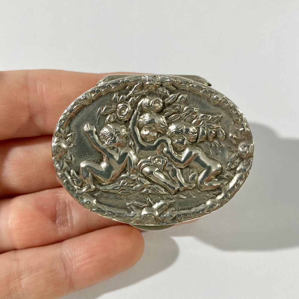 Vintage Solid Silver Italian  Pillbox , Hallmarked with boys in romantic scene