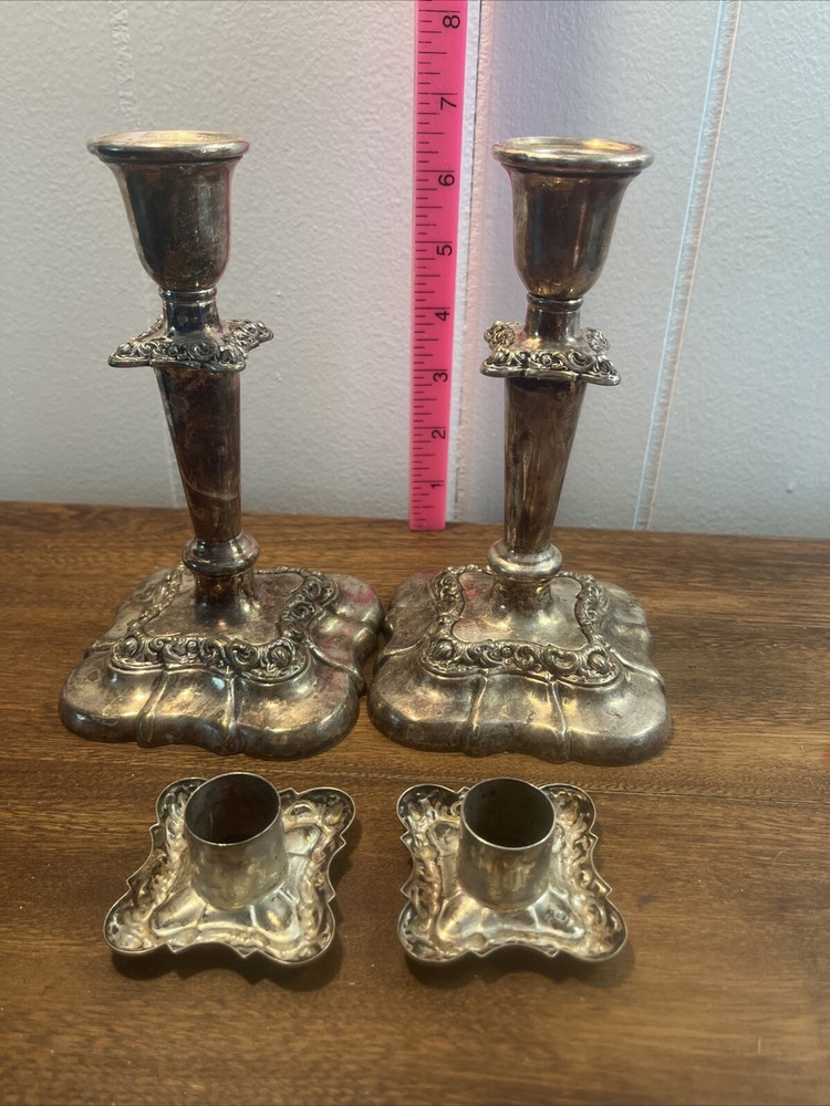 Vtg Pair Fancy Gorham Silver Plate Candlesticks with Inserts 7" 4x4” Base
