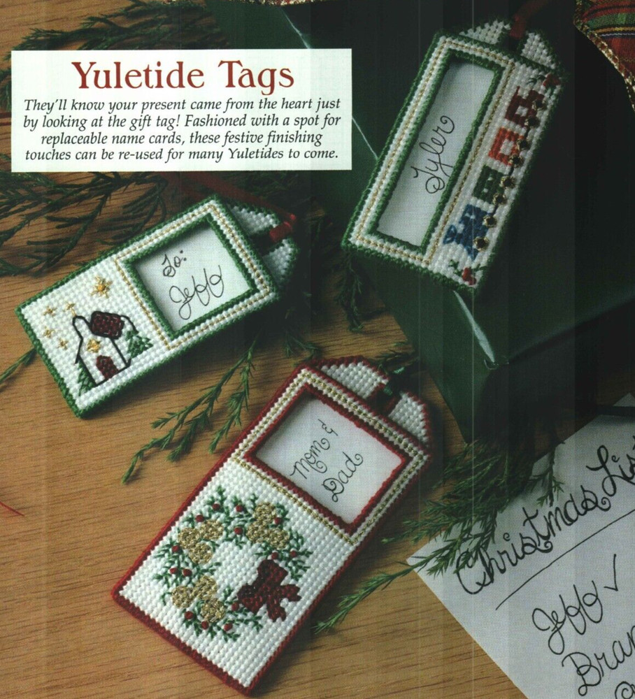 3 YULETIDE TAGS CHRISTMAS PLASTIC CANVAS PATTERN INSTRUCTIONS