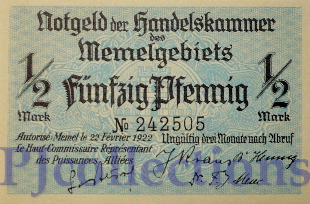 MEMEL 1/2 MARK 1922 PICK 1 UNC