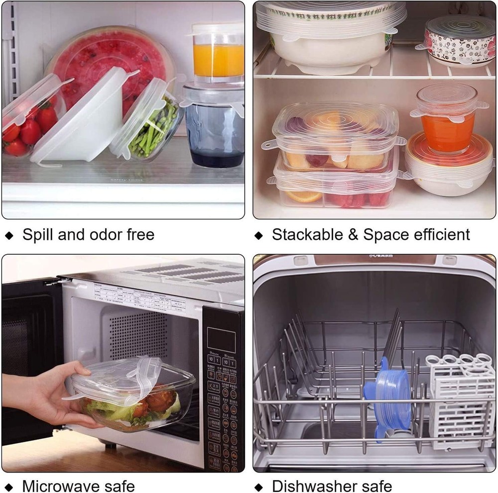 6 Pack Silicone Stretch Lids - Adjustable Sizes, Keeps Food Fresh & Spill-Proof