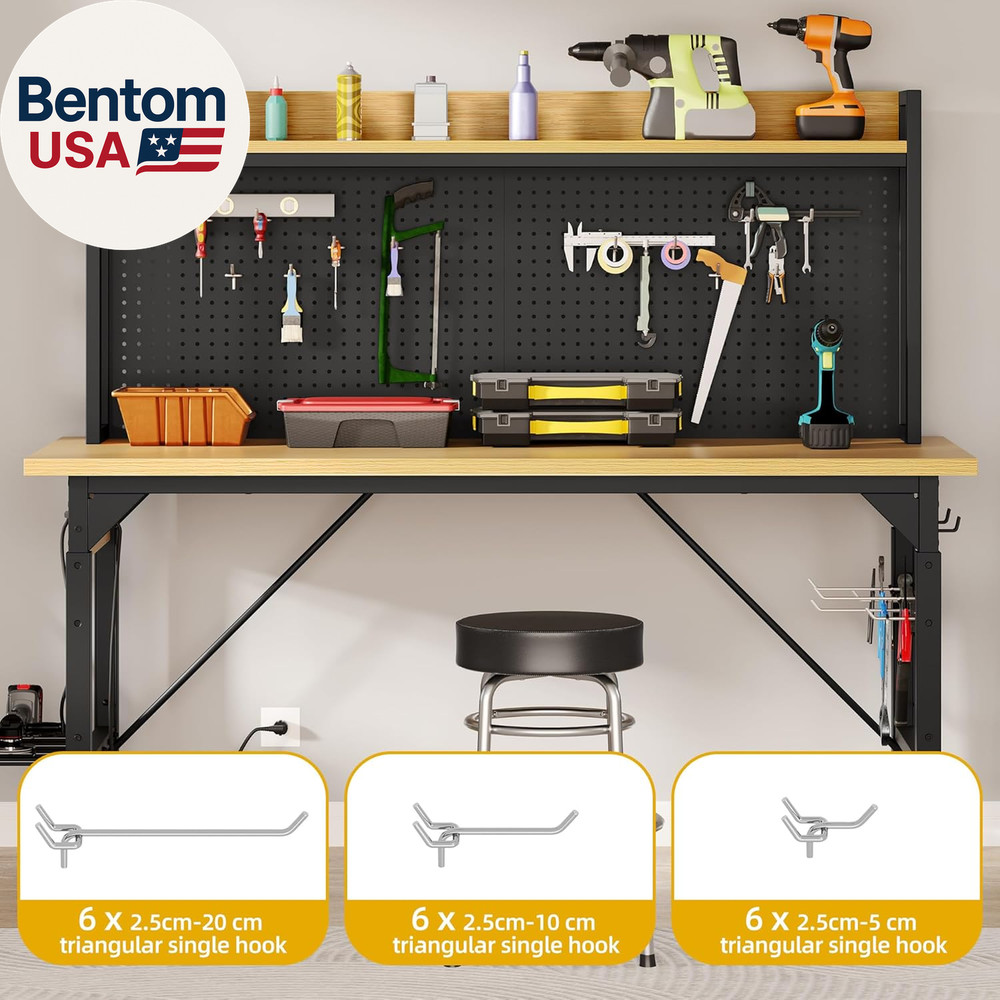 Adjustable Workbench with Pegboard 48", Heavy Duty Wood Top Work Bench with Whee