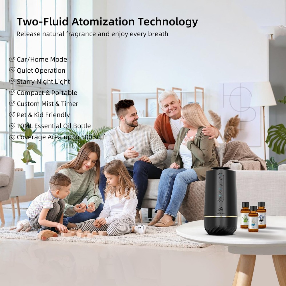 2ndAroma Waterless Oil Diffuser, Portable Car Diffusers for Essential Black