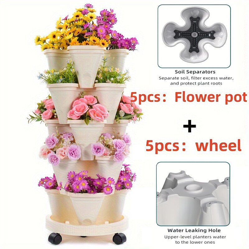 5-Tier Stackable Planters Vertical Planter Garden Flower Pot w/ Wheel Yard Decor
